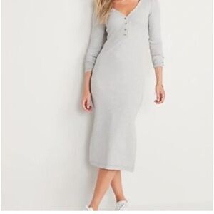 Fitted Long-Sleeve Heathered Rib-Knit Henley Midi Dress large old navy grey